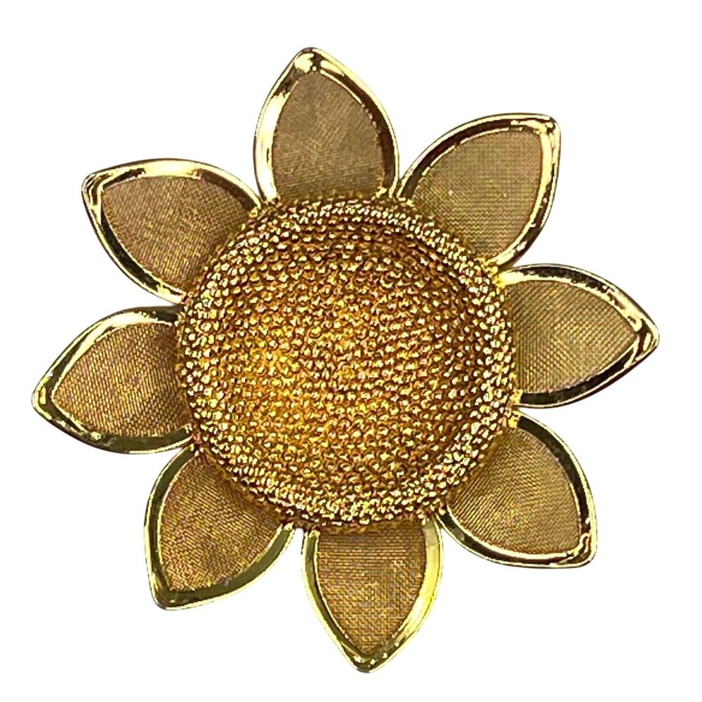 Vintage AK Sunflower Pin Brooch Gold Tone Mesh Signed 2" Flower